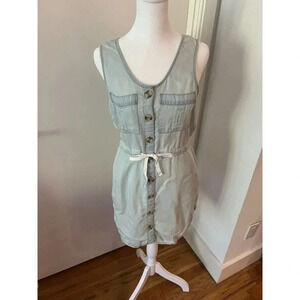 XS Harper Sleeveless Chambray Button Down Mini Dress‎ Light Blue Jean Waist Tie
